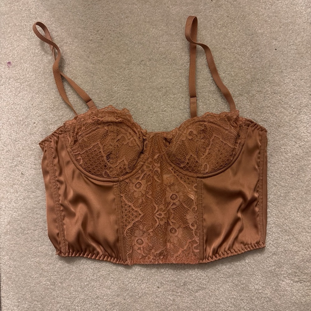 BDG Lace Satin Bustier in Brown